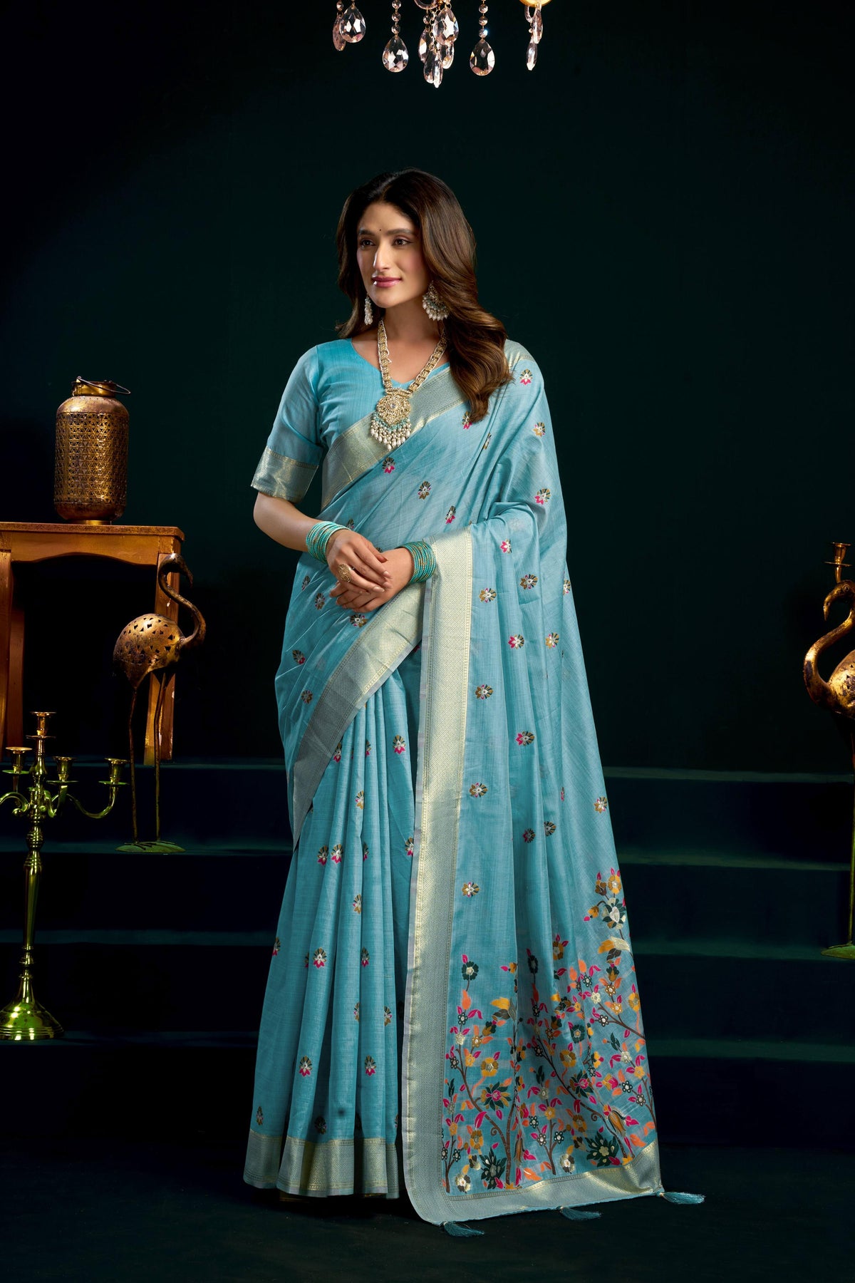 Turquoise Muga Cotton saree with elaborate Meena Zari woven pattern