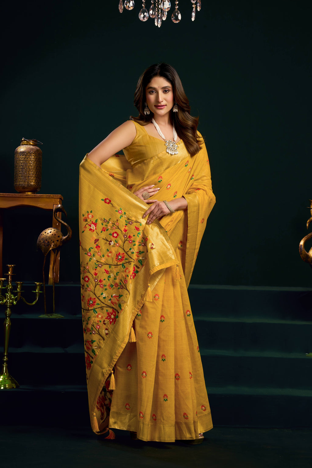 Yellow Muga Cotton Saree with Meena Zari Woven Border