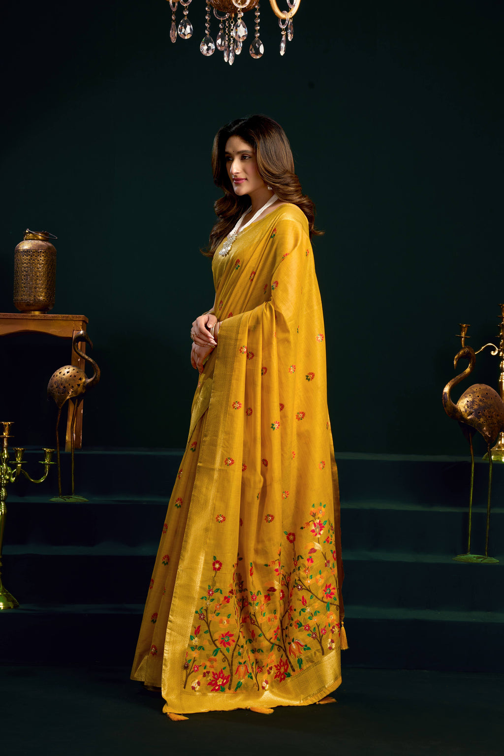 Yellow Muga Cotton Saree with Meena Zari Woven Border