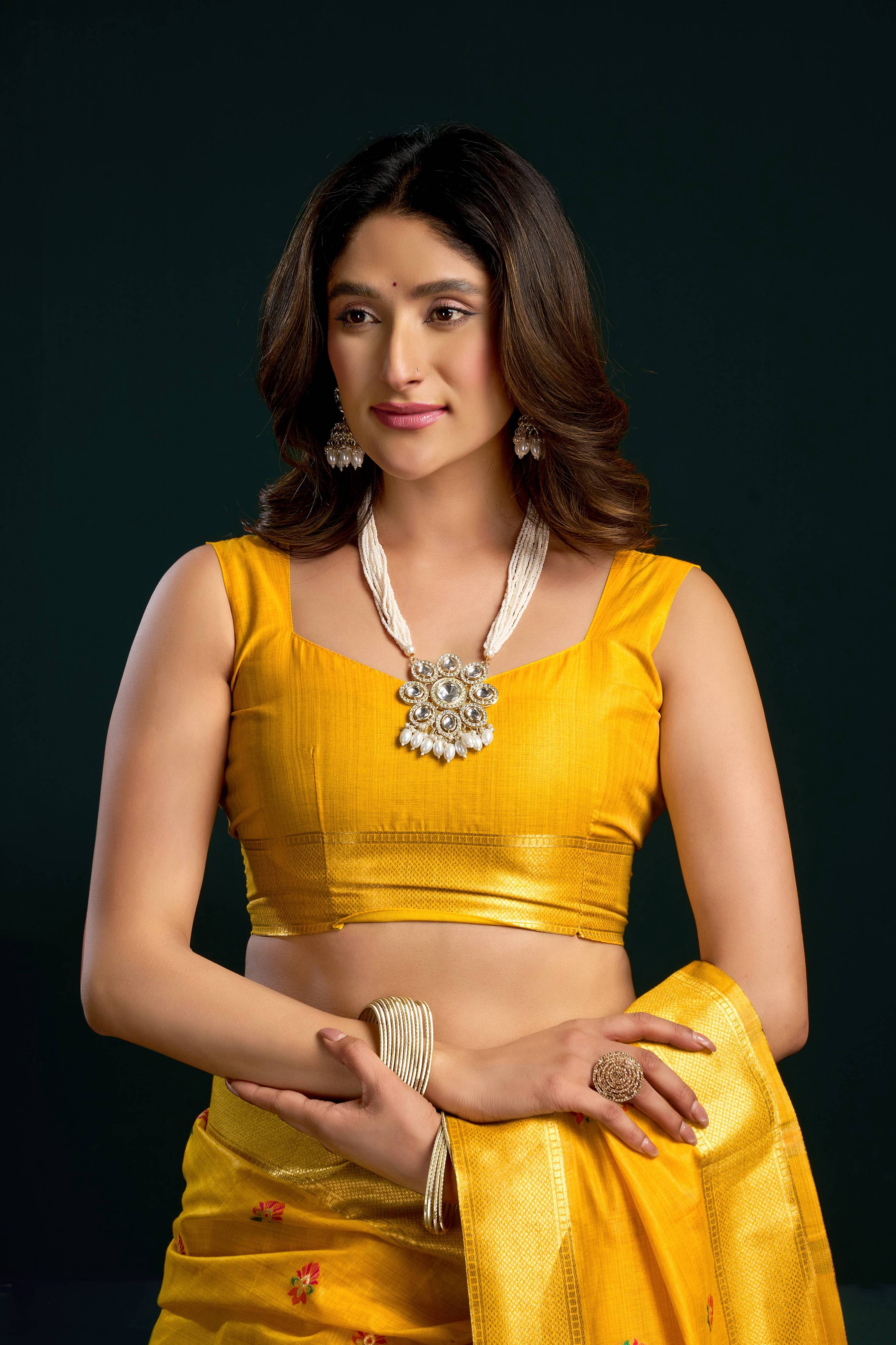 Yellow Muga Cotton Saree with Meena Zari Woven Border