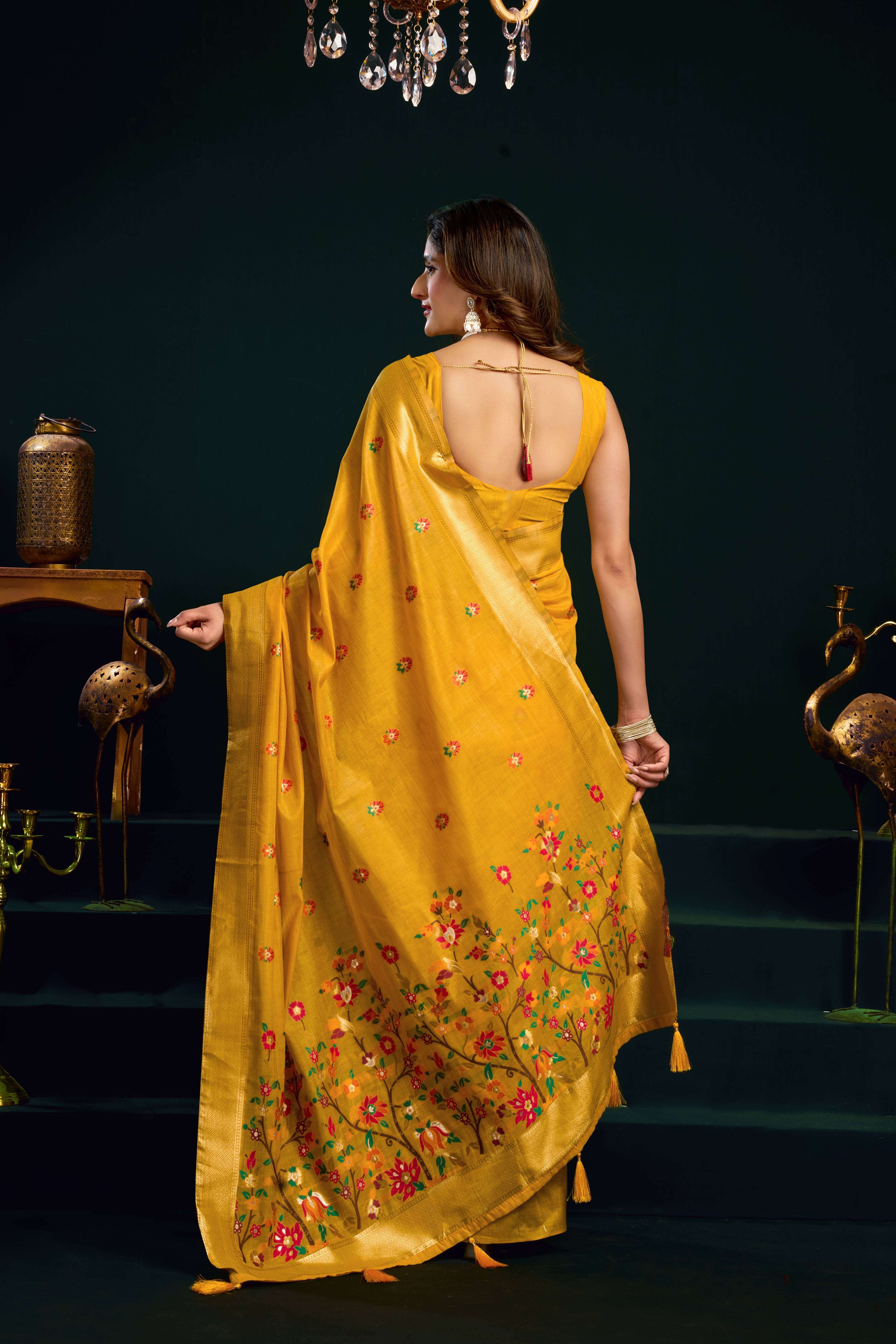 Yellow Muga Cotton Saree with Meena Zari Woven Border
