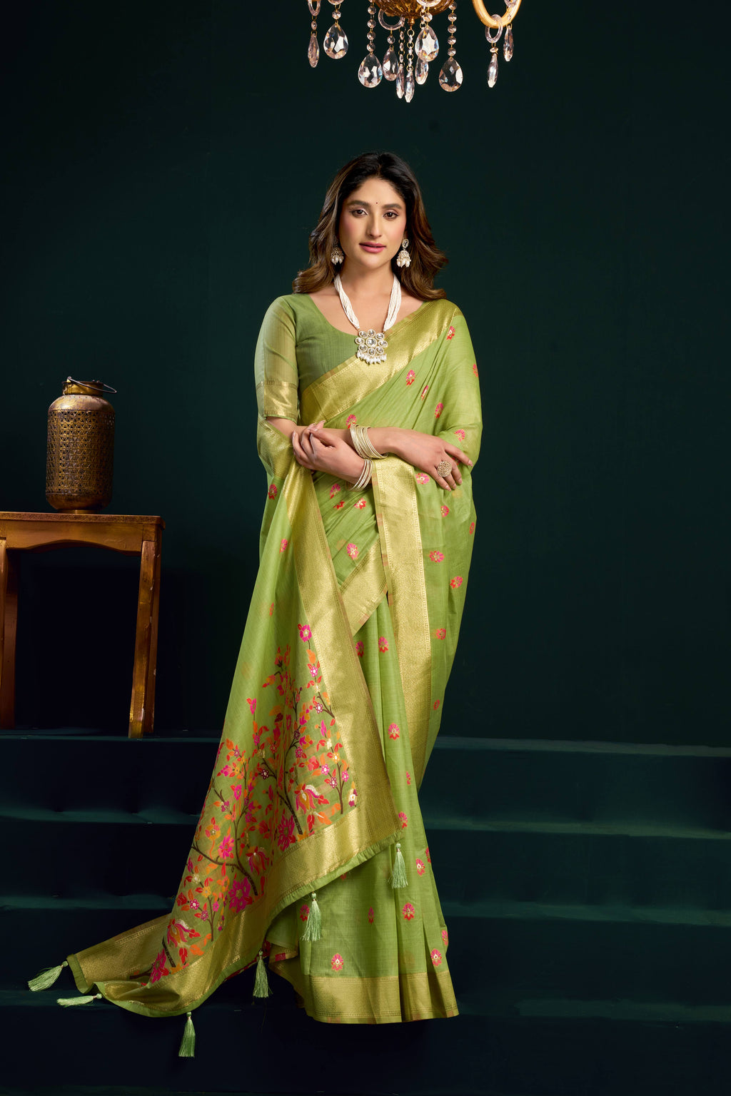 Green Muga Cotton Meena Zari Woven Saree with Blouse