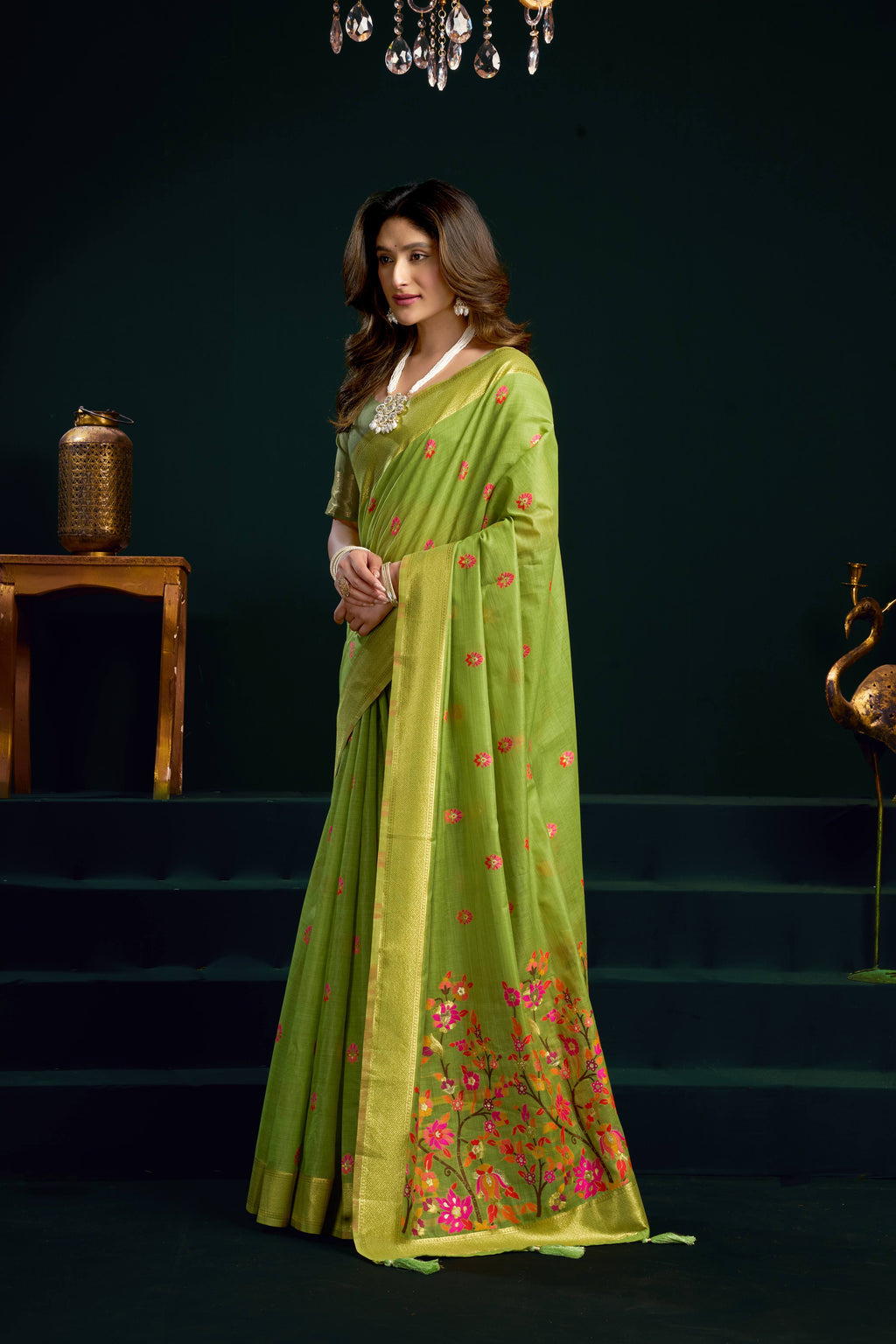 Green Muga Cotton Meena Zari Woven Saree with Blouse