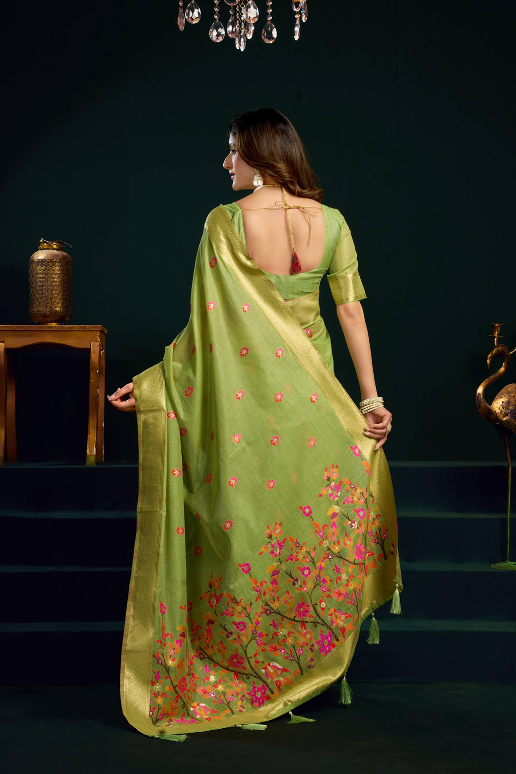 Green Muga Cotton Meena Zari Woven Saree with Blouse