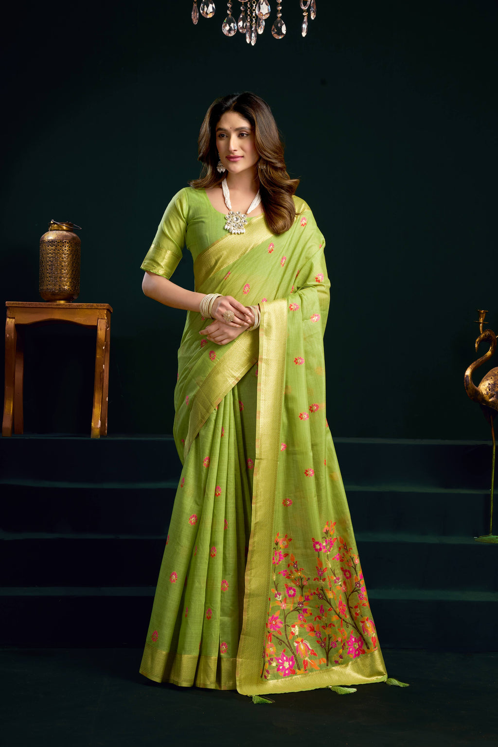 Green Muga Cotton saree featuring Meena Zari weaving and a matching blouse piece