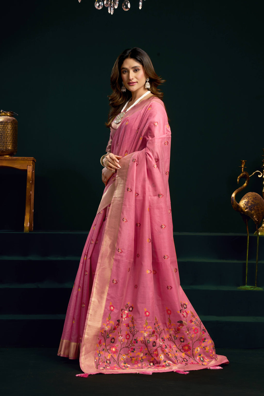 Pink Muga Cotton Meena Zari Woven Saree with Matching Blouse