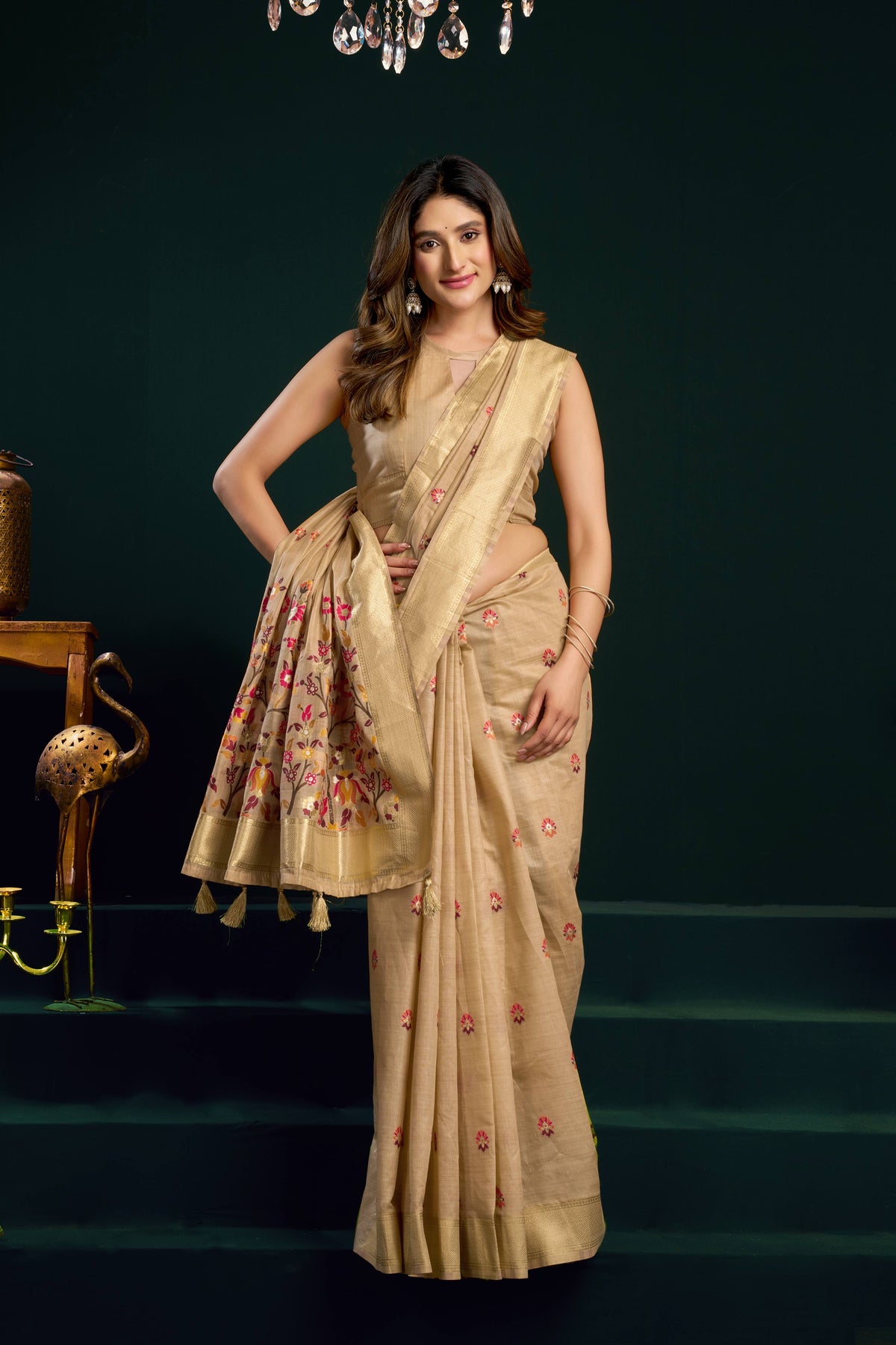Beige Muga Cotton Saree with Meena Zari Weave and Blouse