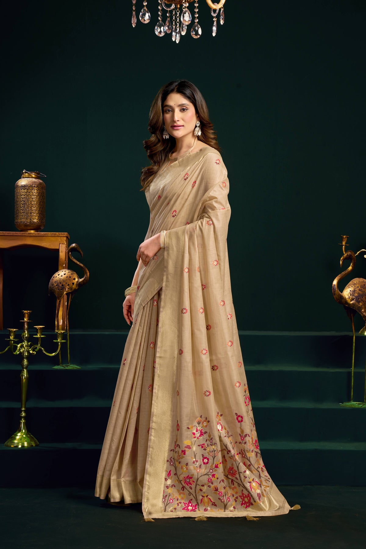Beige Muga Cotton Saree with Meena Zari Weave and Blouse