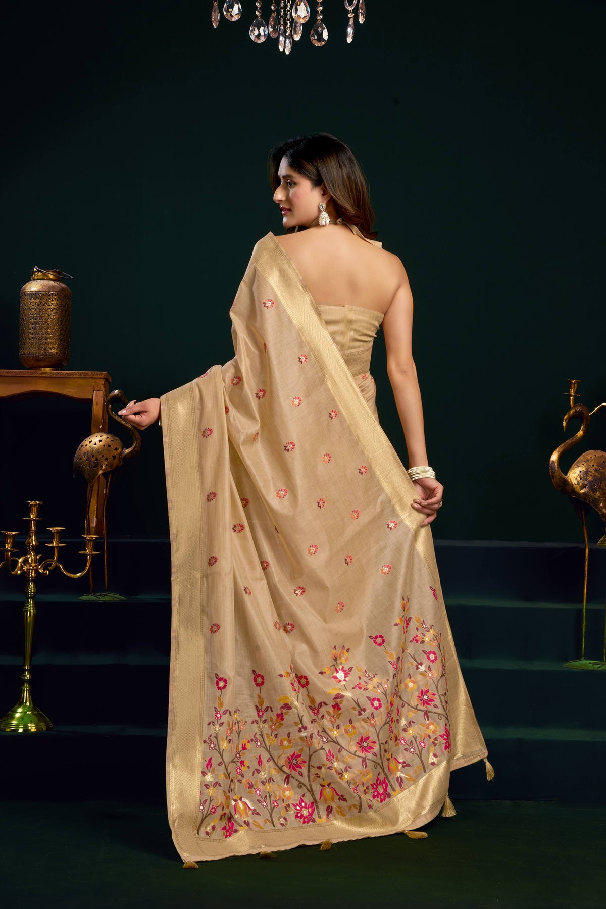 Beige Muga Cotton Saree with Meena Zari Weave and Blouse