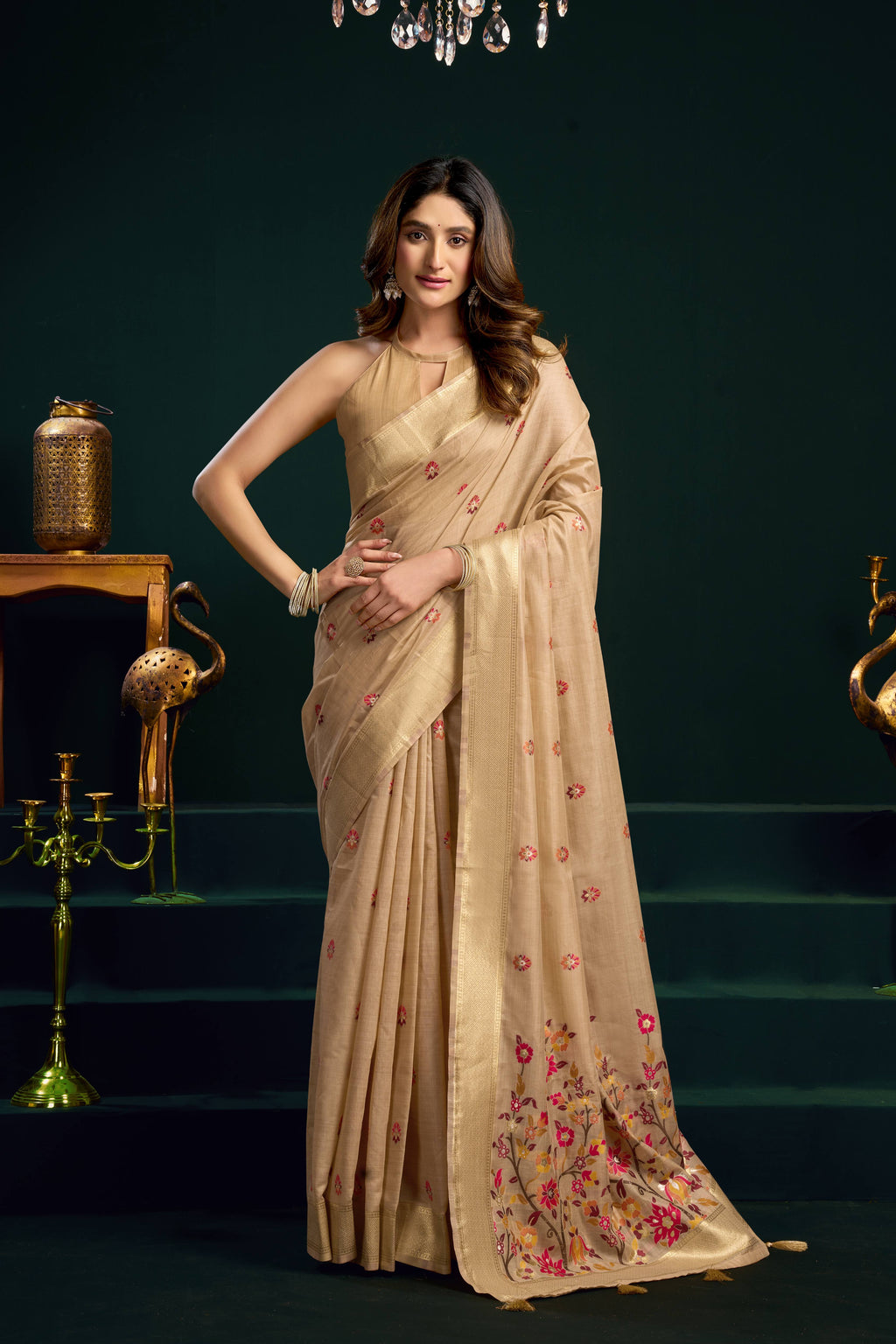 Beige Muga cotton saree with intricate Meena Zari woven border and matching blouse piece