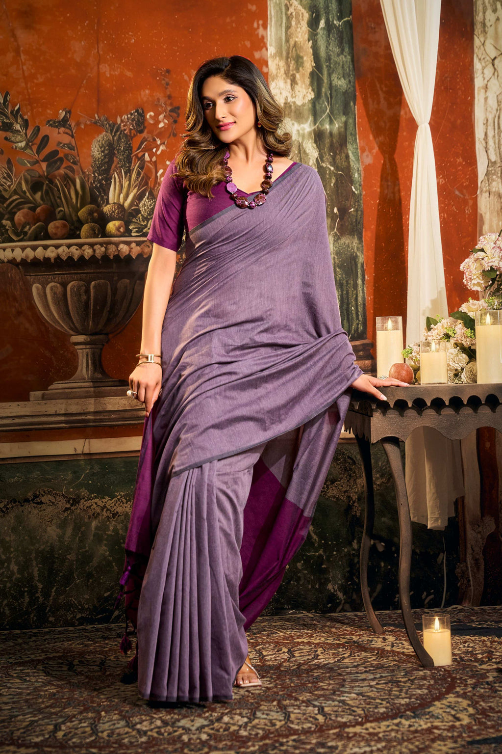 Purple Cotton Saree with Contrast Pallu & Fancy Tassels