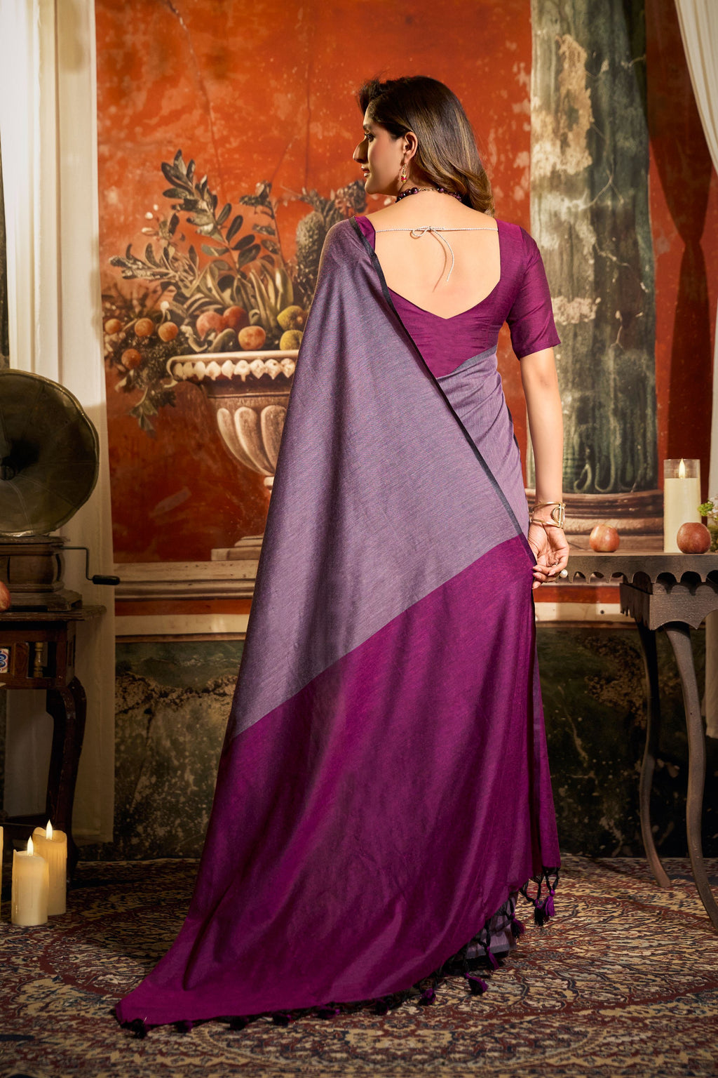 Purple Cotton Saree with Contrast Pallu & Fancy Tassels