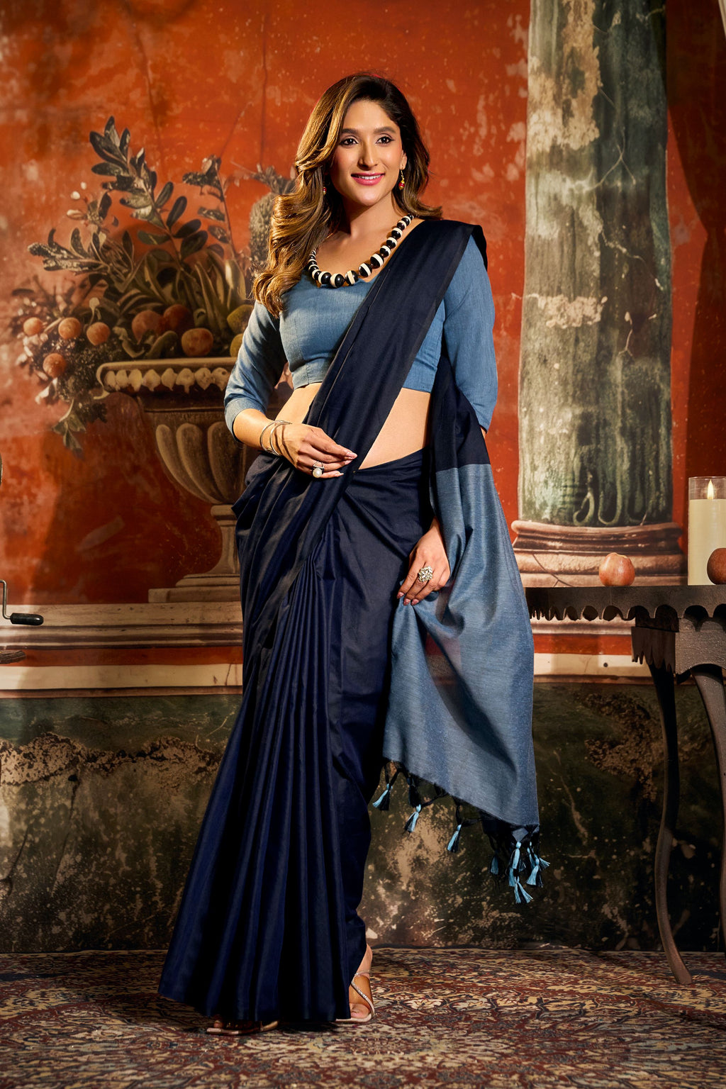 Navy Blue Cotton Saree with Contrast Pallu and Fancy Tassels