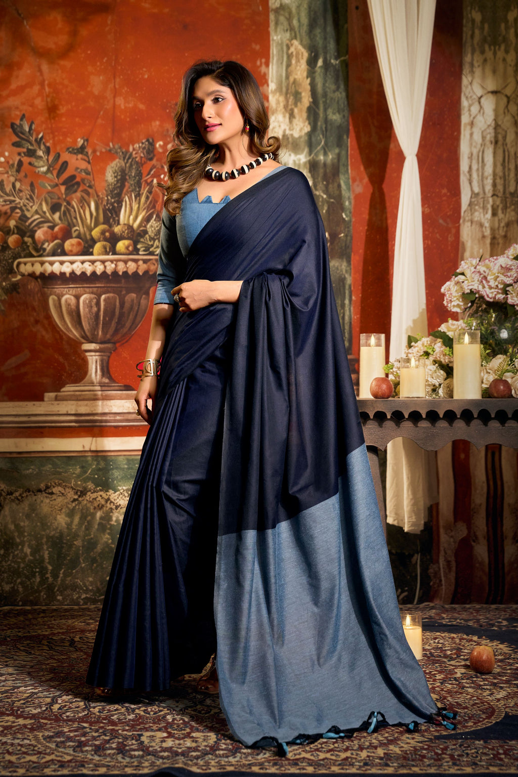 Navy Blue Cotton Saree with Contrast Pallu and Fancy Tassels