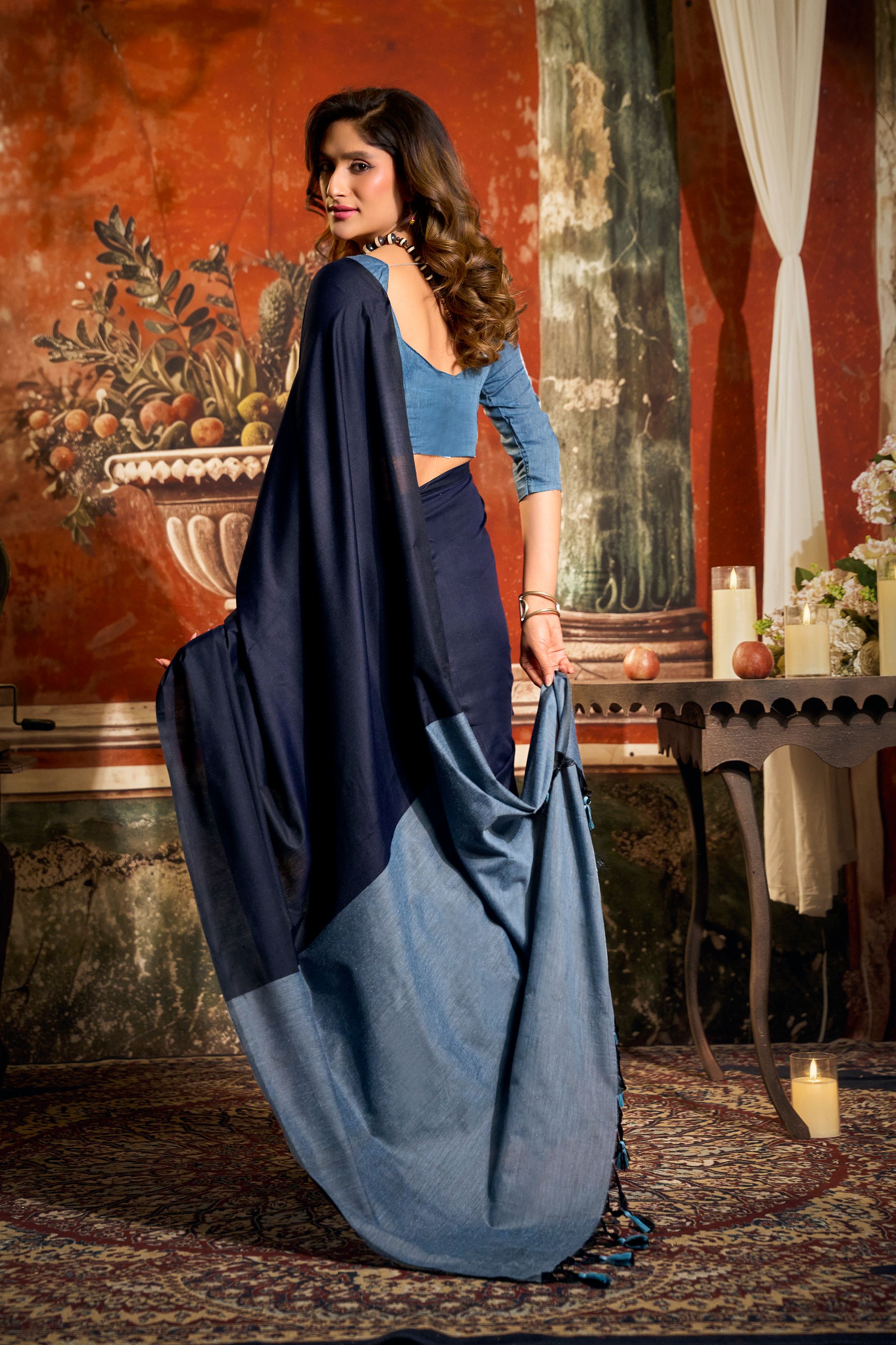 Navy Blue Cotton Saree with Contrast Pallu and Fancy Tassels