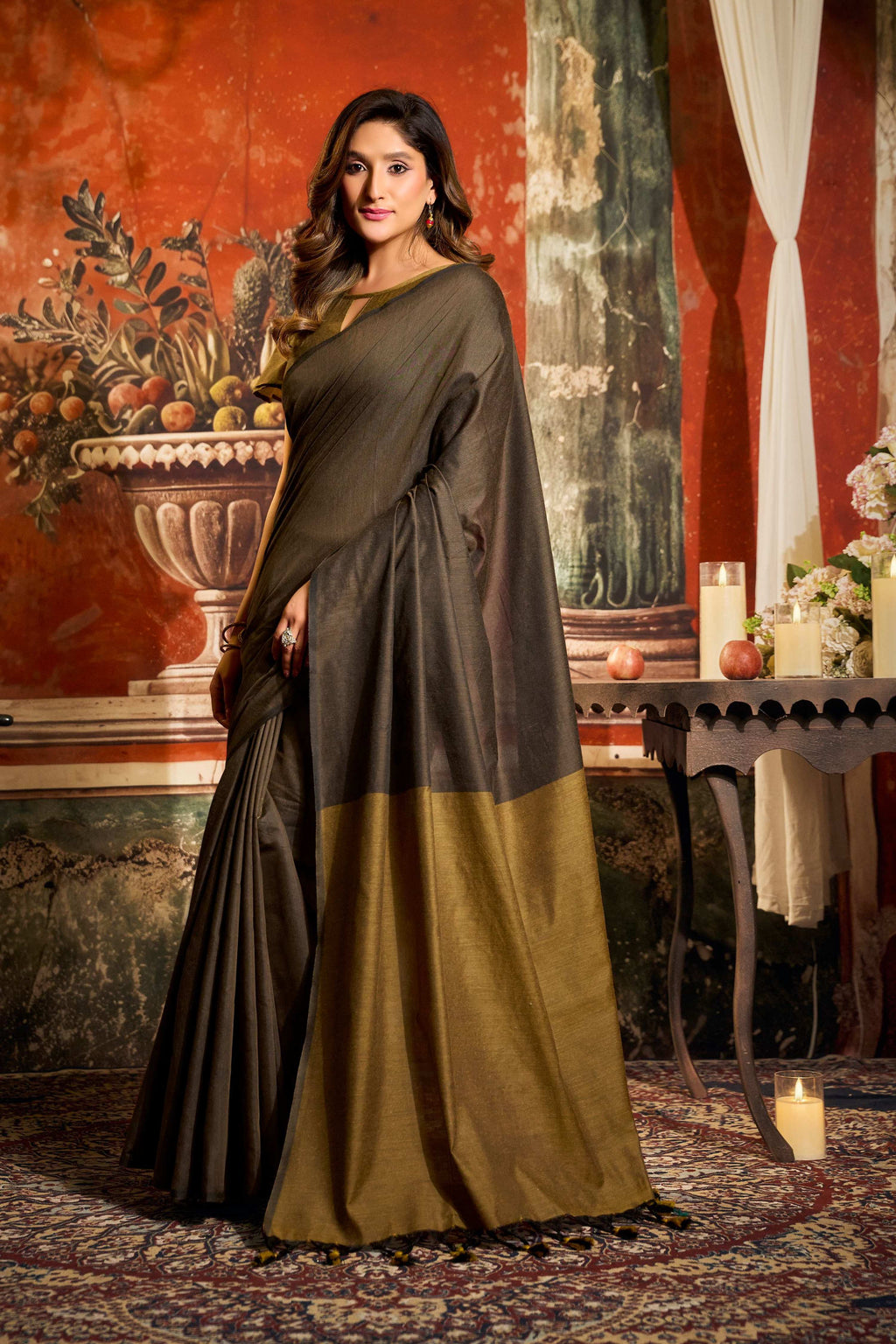 Women's Coffee Cotton Contrast Pallu Saree with Fancy Tassels