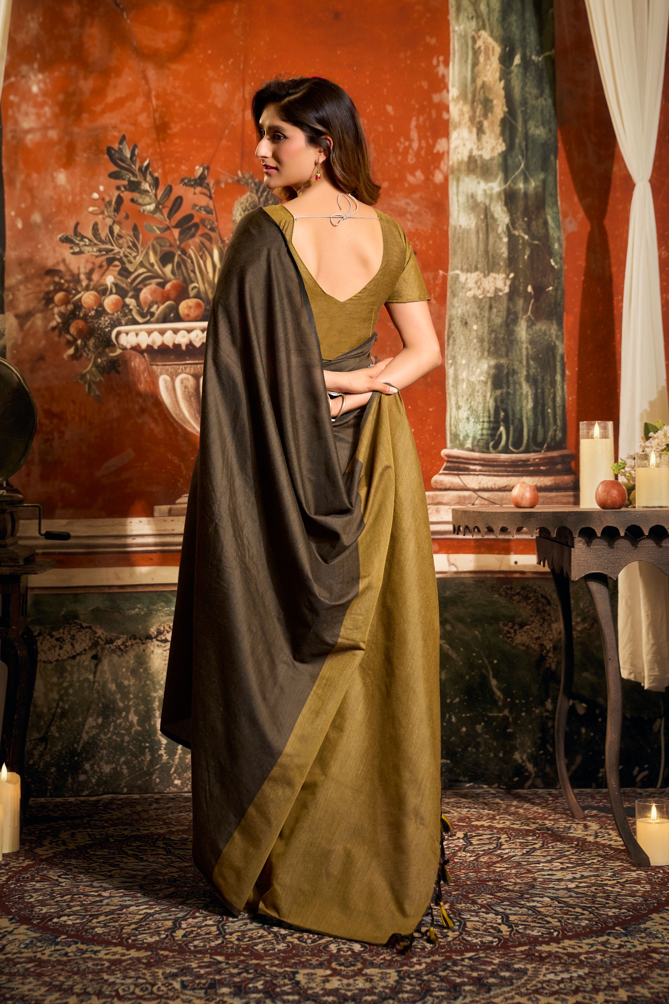 Women's Coffee Cotton Contrast Pallu Saree with Fancy Tassels