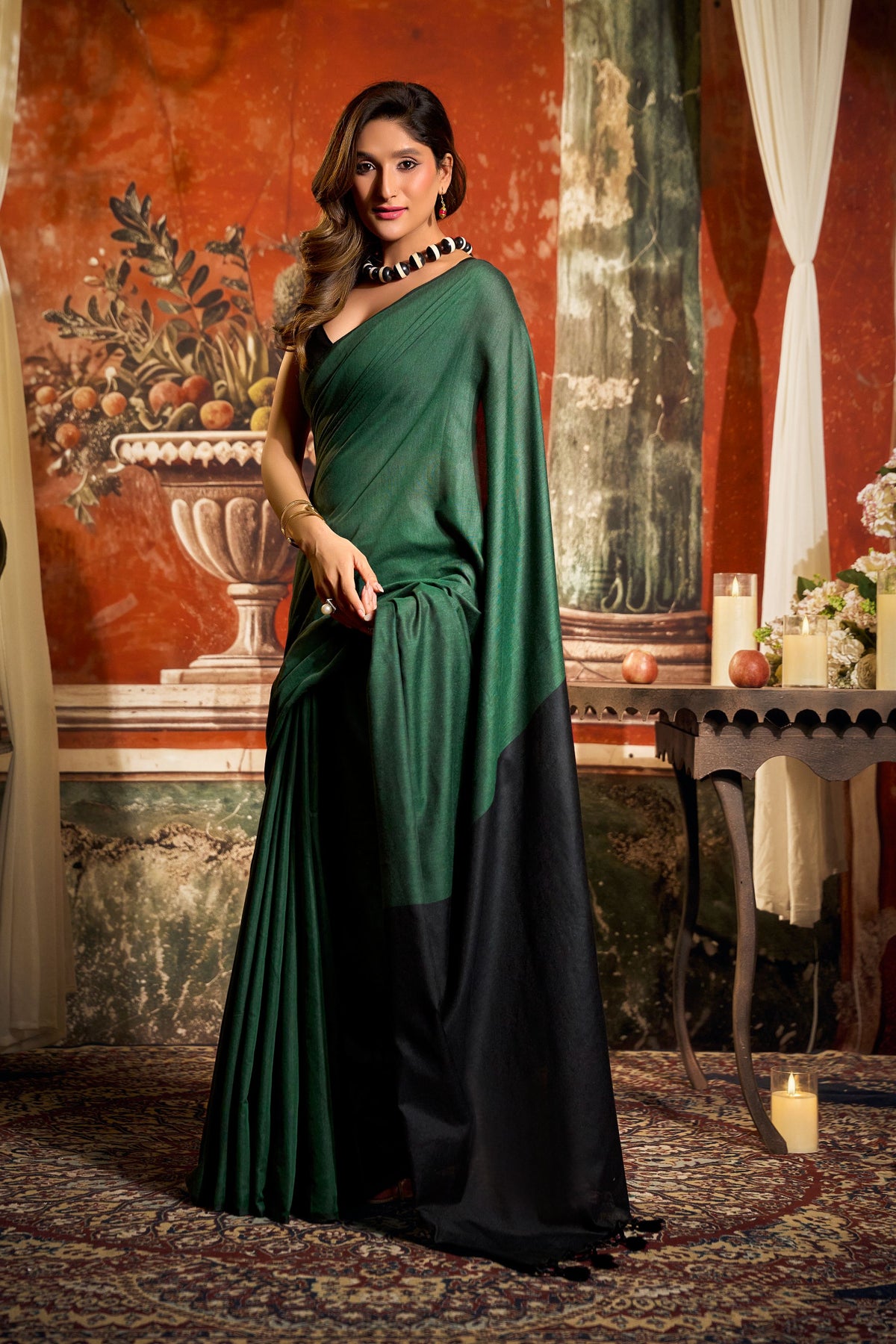 Bottle Green Cotton Saree with Contrast Pallu and Tassels