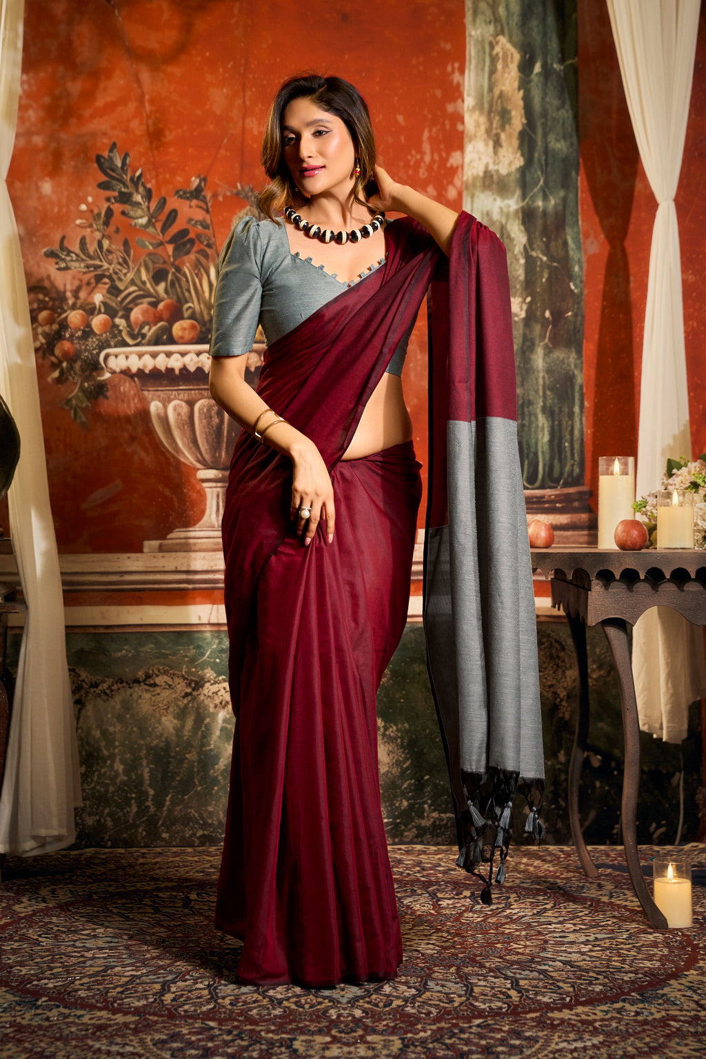 Maroon Cotton Saree with Contrast Pallu and Tassels