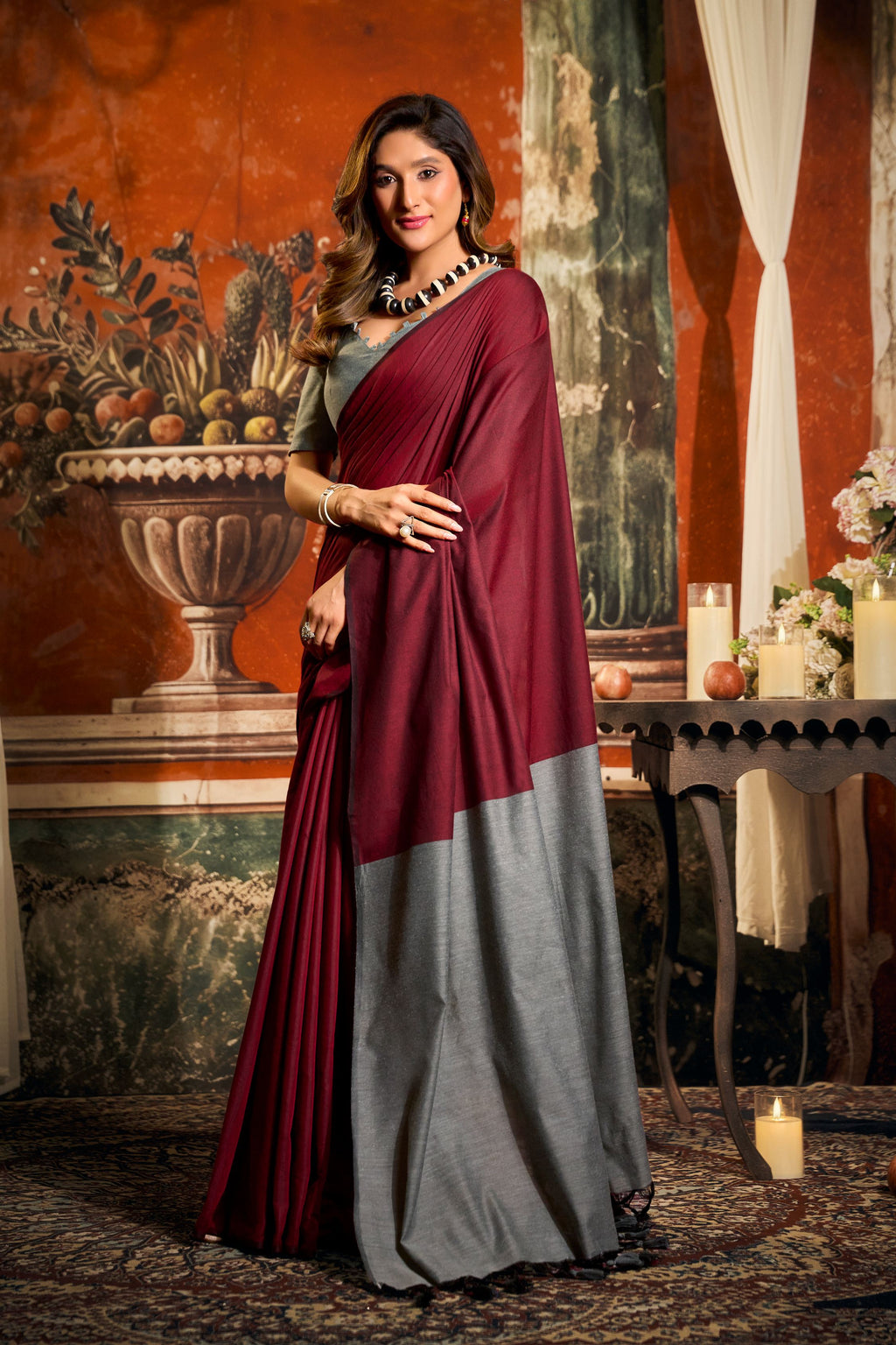 Maroon Cotton Saree with Contrast Pallu and Tassels