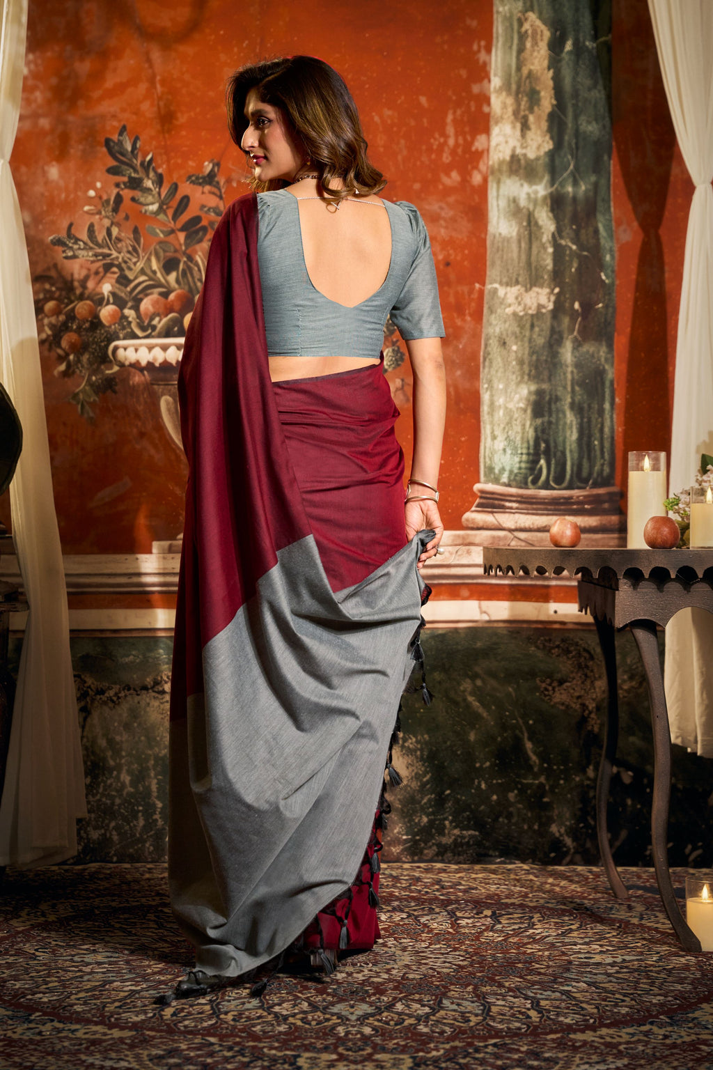 Maroon Cotton Saree with Contrast Pallu and Tassels
