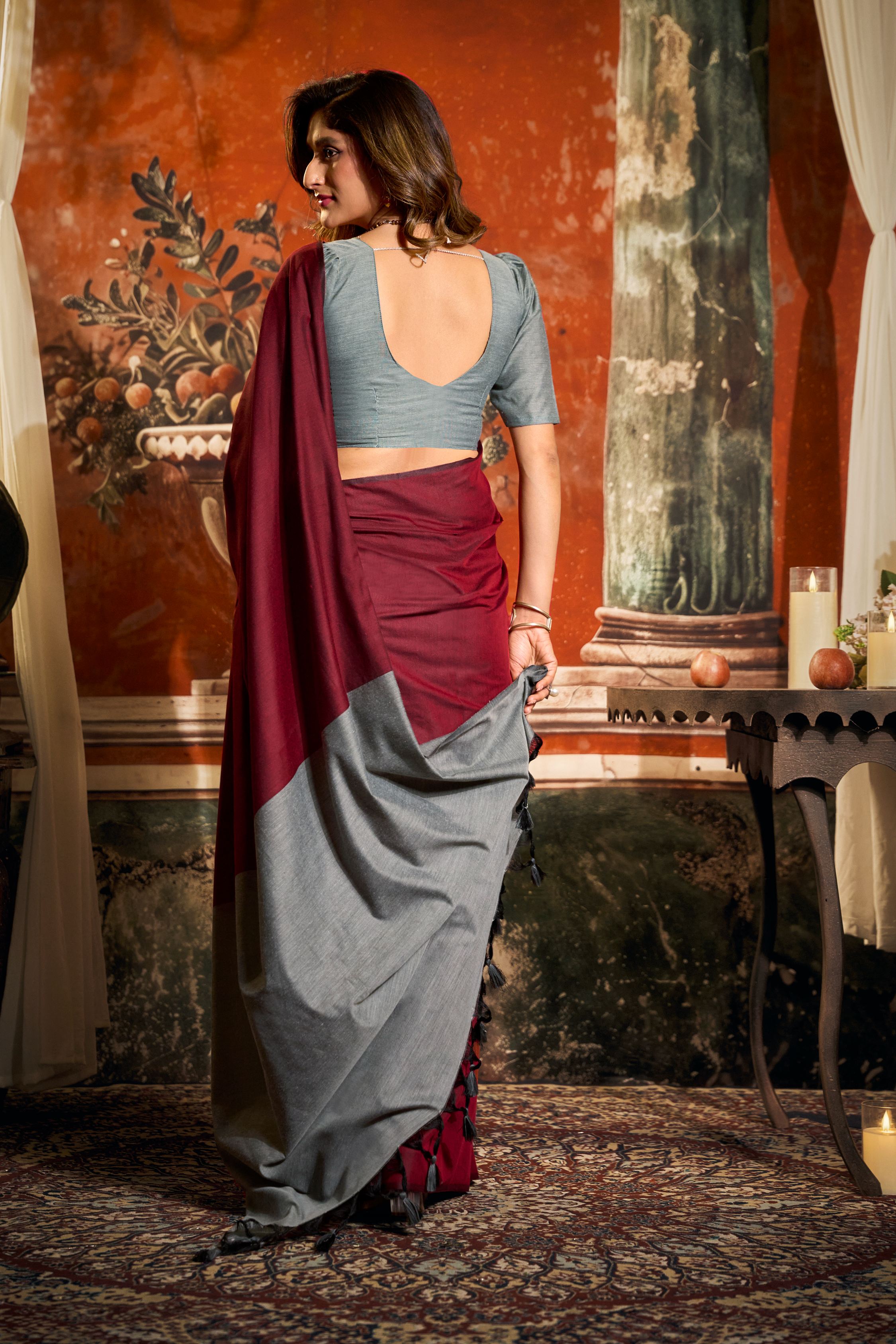 Maroon Cotton Saree with Contrast Pallu and Tassels