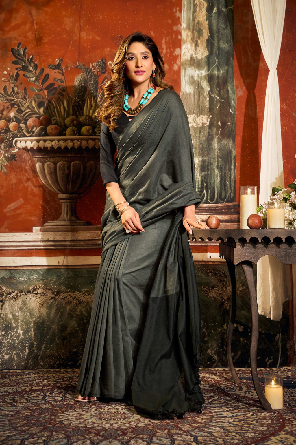 Dark Grey Cotton Saree with Contrast Pallu and Tassels