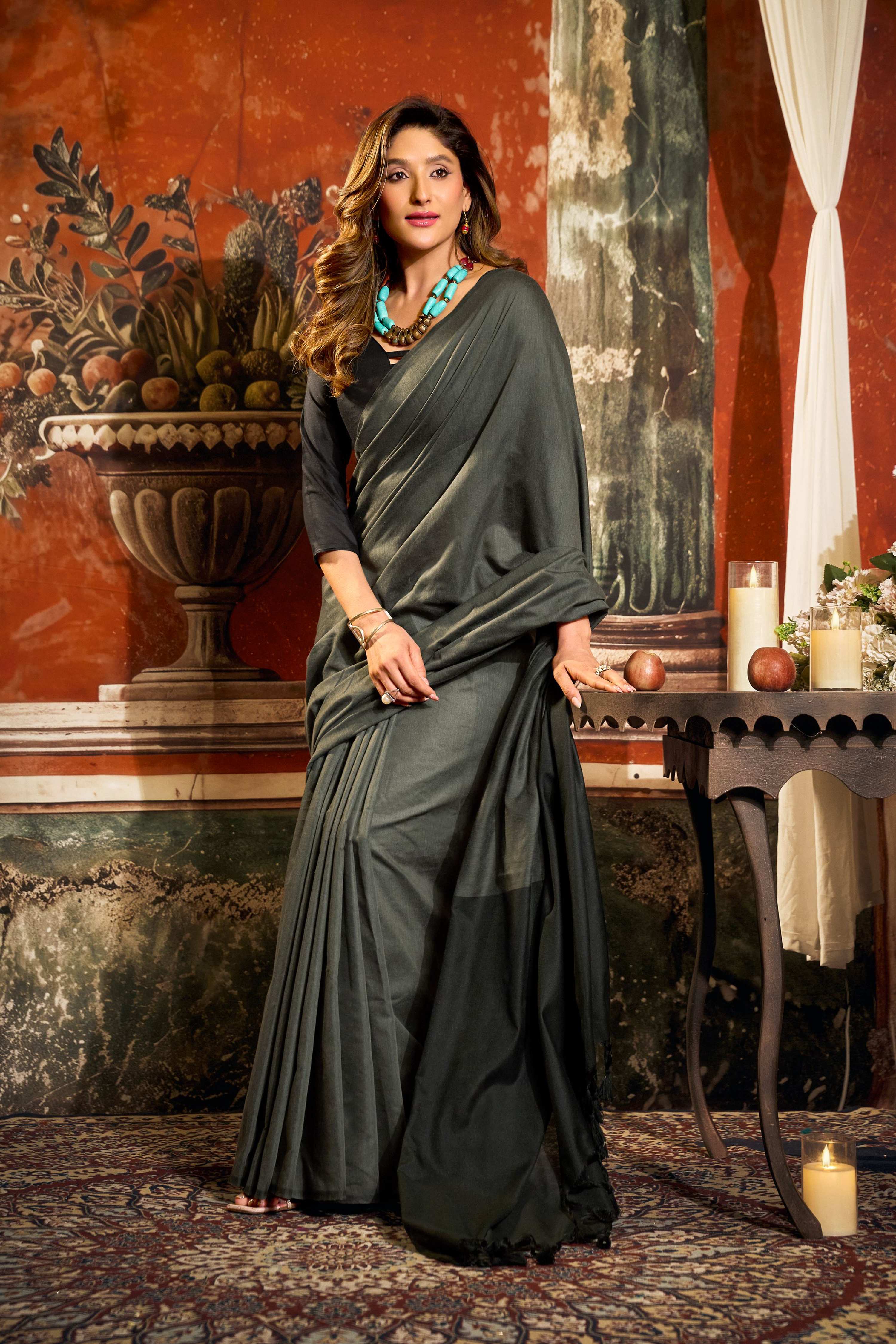 Dark Grey Cotton Saree with Contrast Pallu and Tassels