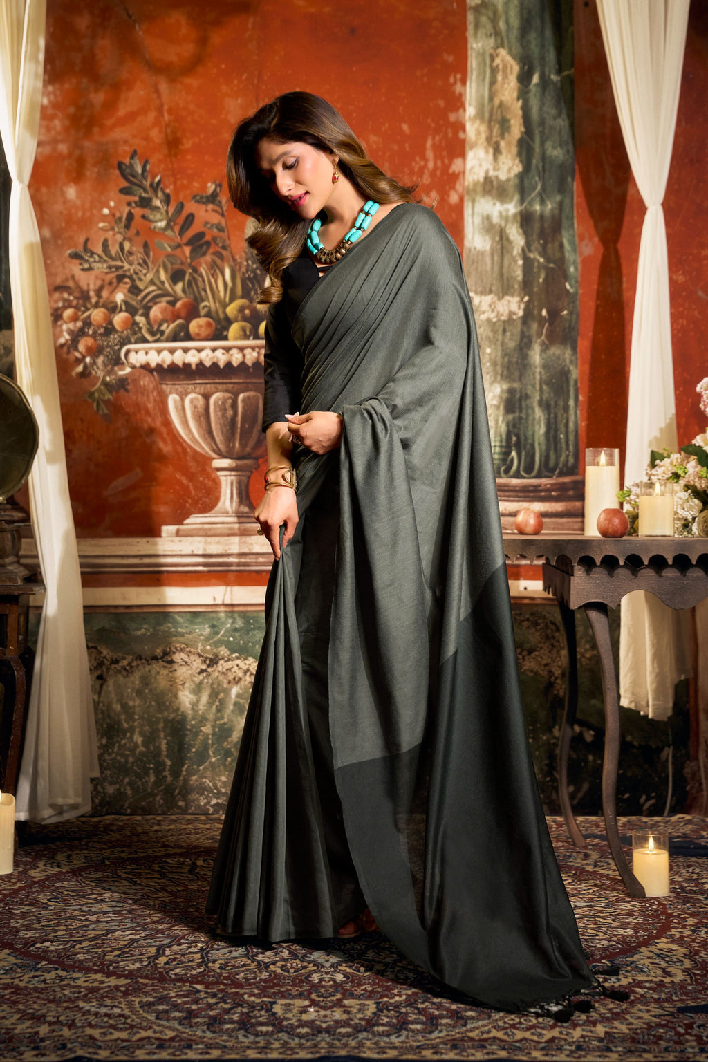 Dark Grey Cotton Saree with Contrast Pallu and Tassels
