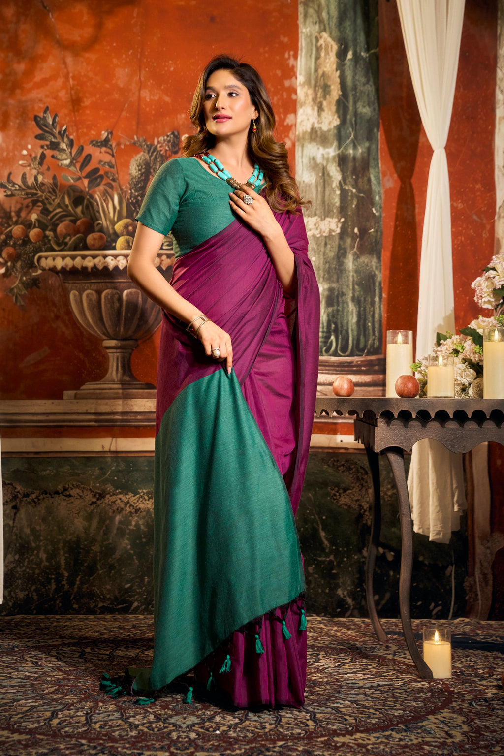 Magenta Cotton Contrast Pallu Saree with Fancy Tassels