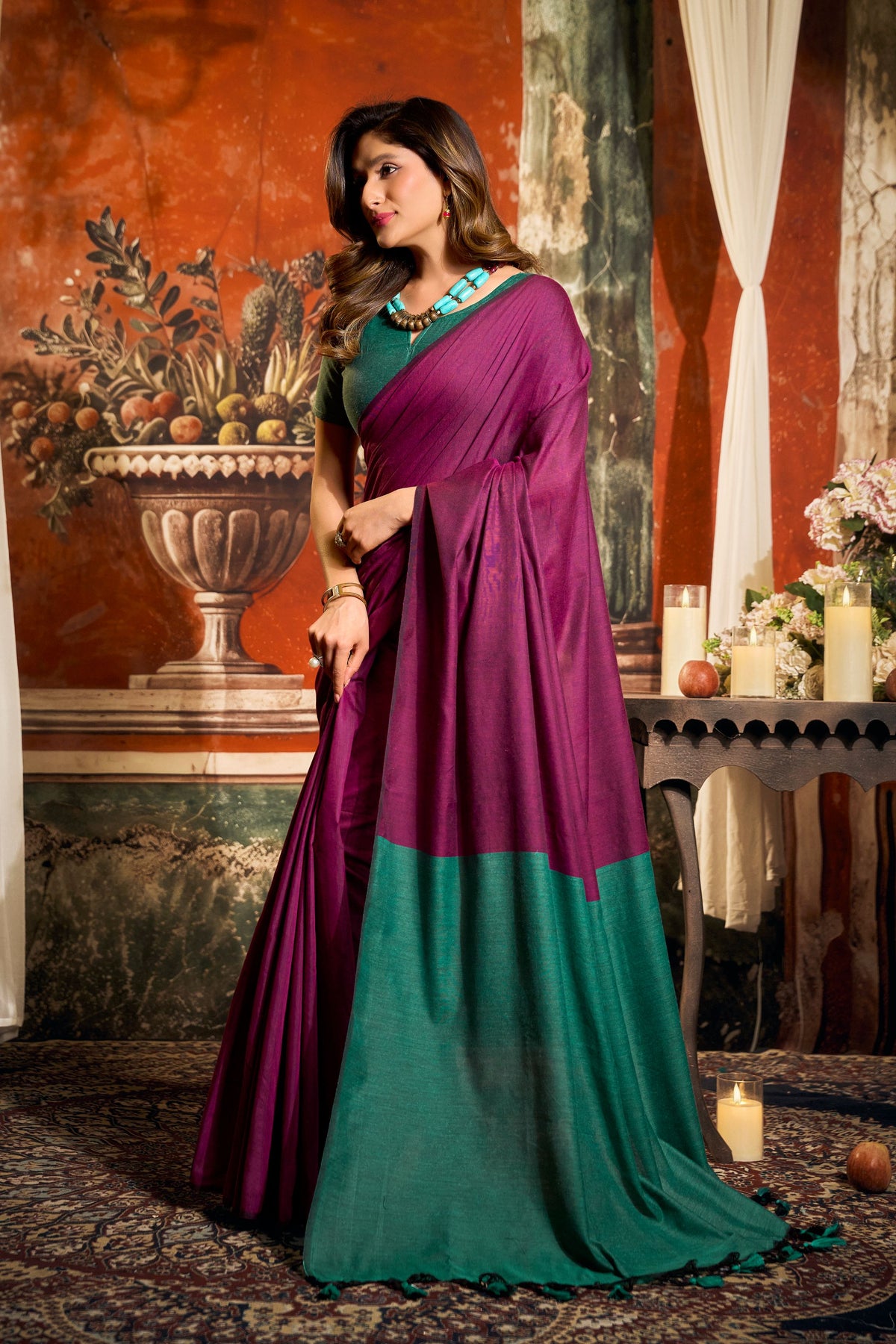 Magenta Cotton Contrast Pallu Saree with Fancy Tassels