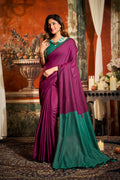 Magenta cotton saree with contrast pallu and decorative fancy tassels