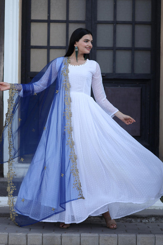 White Faux Georgette Anarkali Dress with Butti & Potli Details