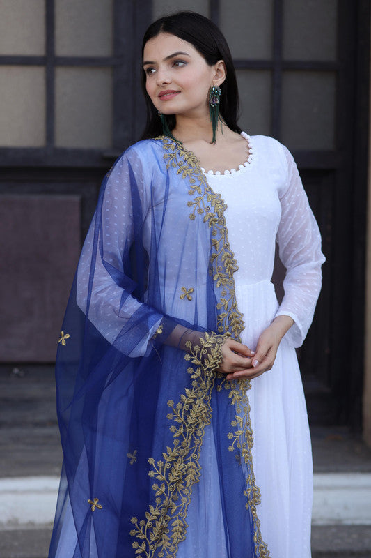 White Faux Georgette Anarkali Dress with Butti & Potli Details