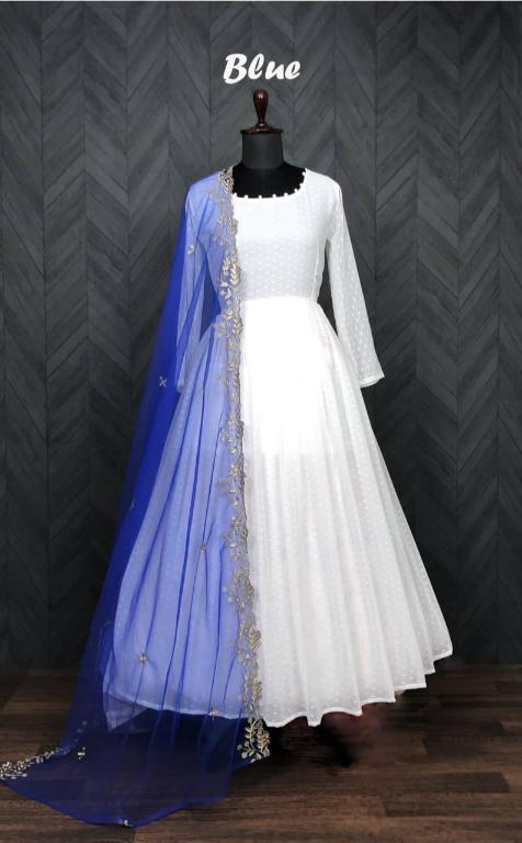White Faux Georgette Anarkali Dress with Butti & Potli Details