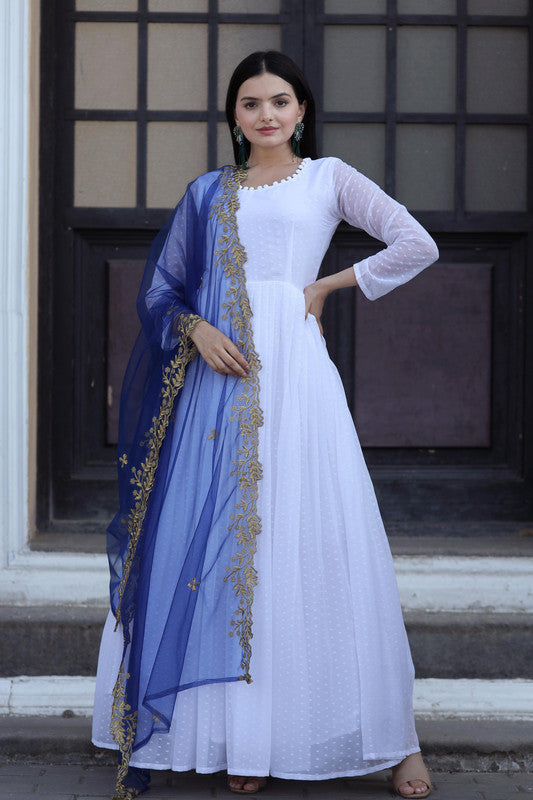 White faux georgette Anarkali dress with butti work and matching dupatta