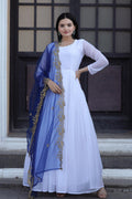 White faux georgette Anarkali dress with butti work and matching dupatta