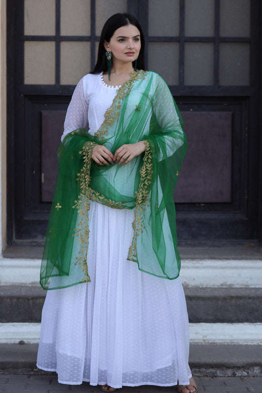White Faux Georgette Anarkali Dress with Butti & Potli Finishing