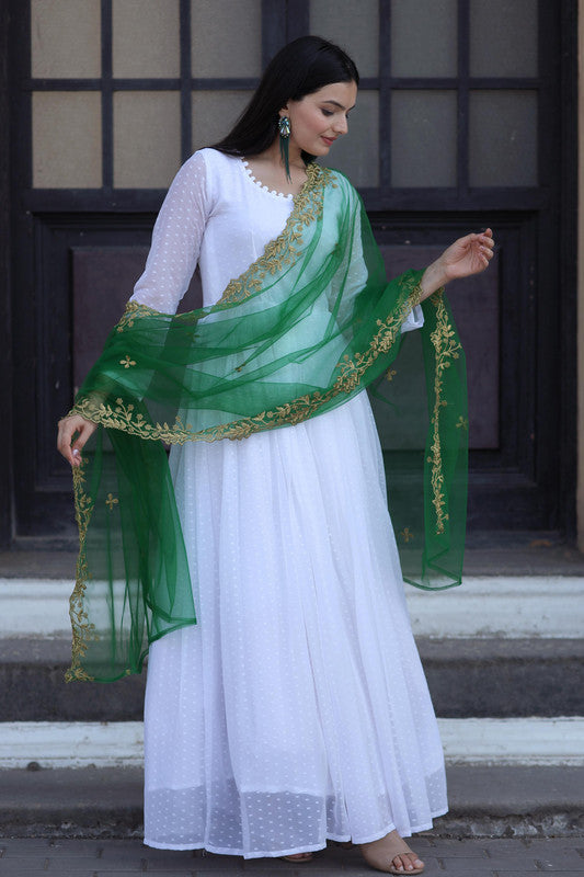 White Faux Georgette Anarkali Dress with Butti & Potli Finishing