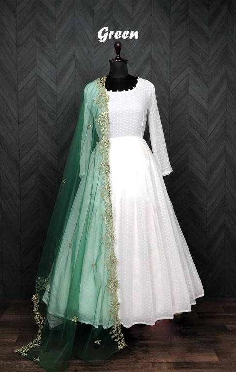 White Faux Georgette Anarkali Dress with Butti & Potli Finishing