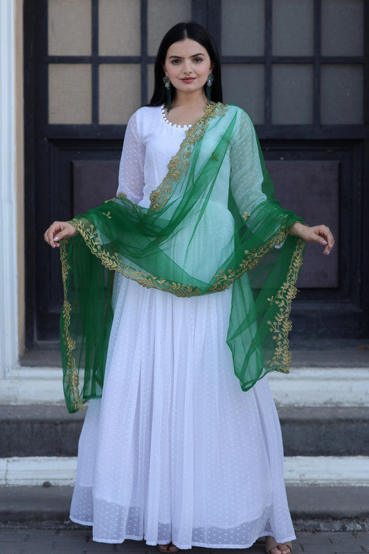 White faux georgette Anarkali dress with detailed butti and potli work
