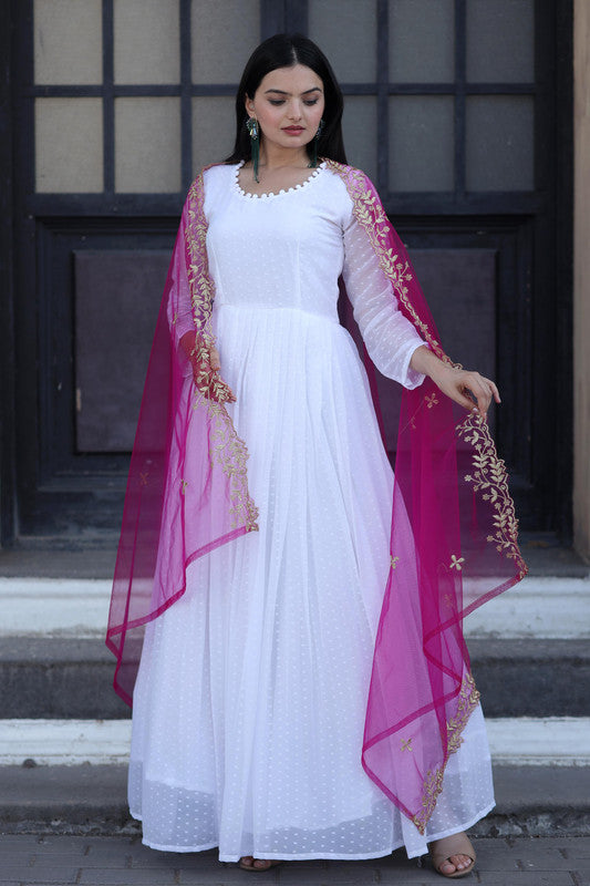 Women's White Faux Georgette Butti Work Anarkali with Dupatta