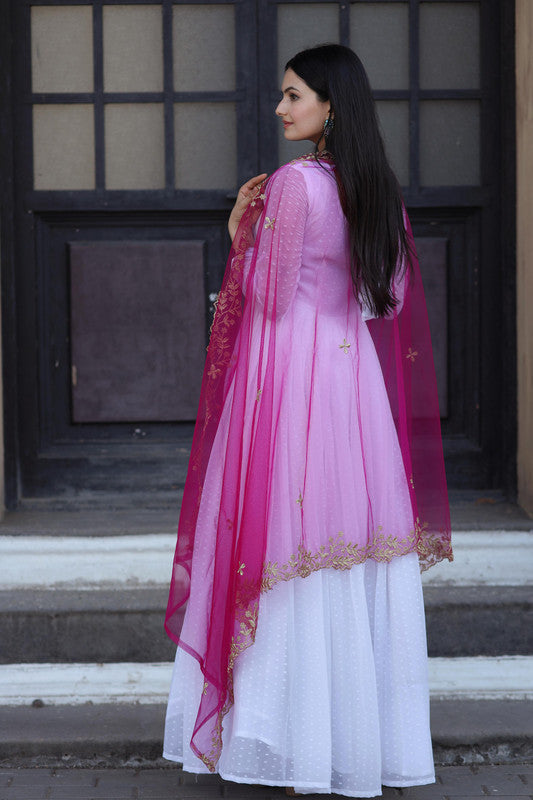 Women's White Faux Georgette Butti Work Anarkali with Dupatta