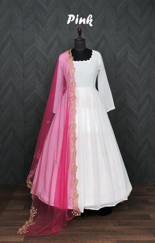 Women's White Faux Georgette Butti Work Anarkali with Dupatta
