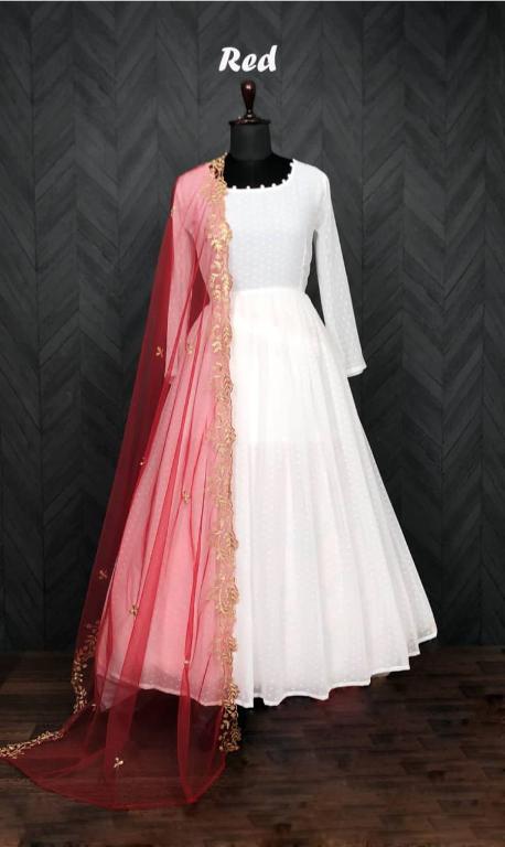 Jyoti Fashion Women's White Faux Georgette Butti work Anarkali Dress with Dupatta