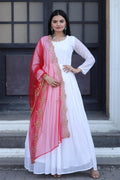 Jyoti Fashion Women's White Faux Georgette Butti work Anarkali Dress with Dupatta