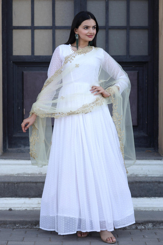 White Faux Georgette Butti Work Anarkali with Dupatta