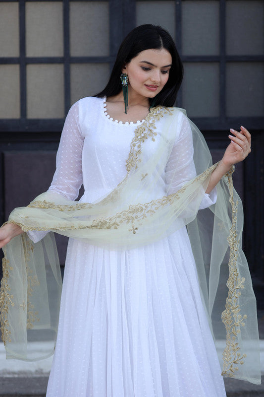 White Faux Georgette Butti Work Anarkali with Dupatta