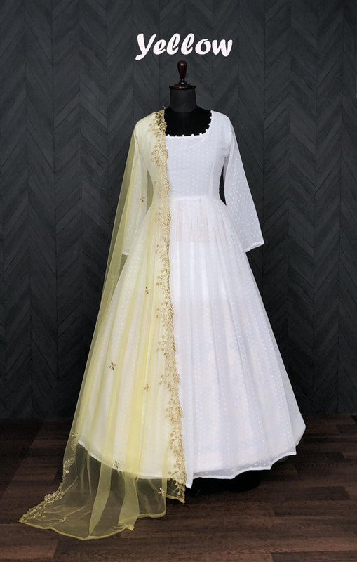 White Faux Georgette Butti Work Anarkali with Dupatta