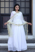 White Faux Georgette Anarkali dress featuring butti work and included dupatta